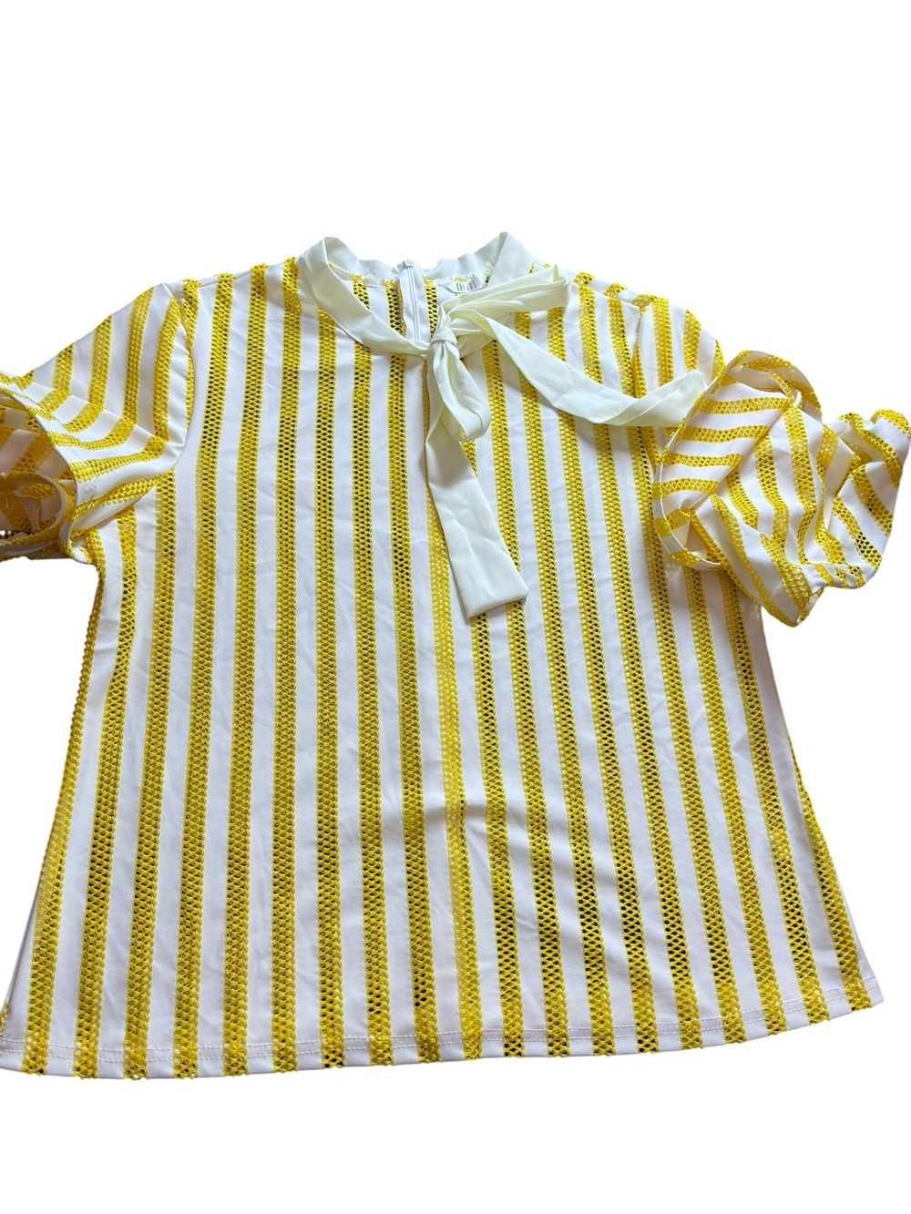 Kaktus Yellow and White Striped Tie-Neck Blouse